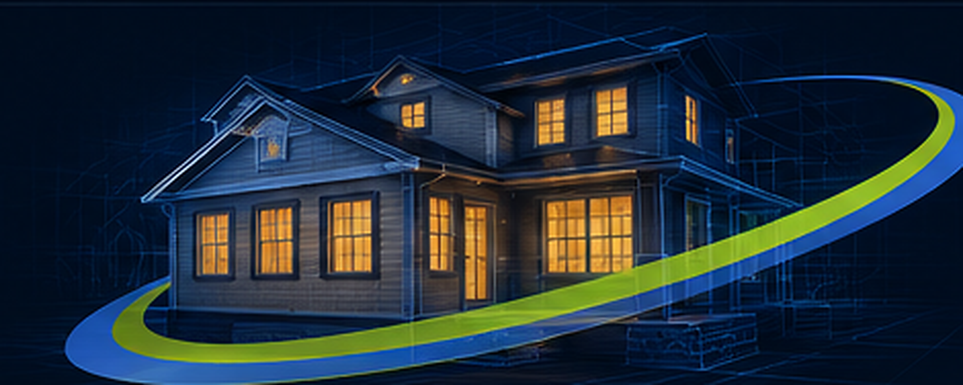 Glowing wireframe house wrapped by Quantum green and blue orbit